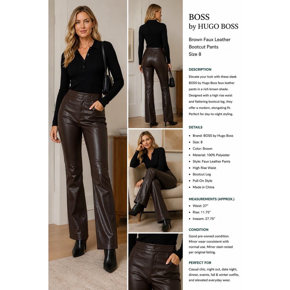 BOSS by Hugo Boss Brown Faux Leather Bootcut Pants Women’s Size 8 High Rise